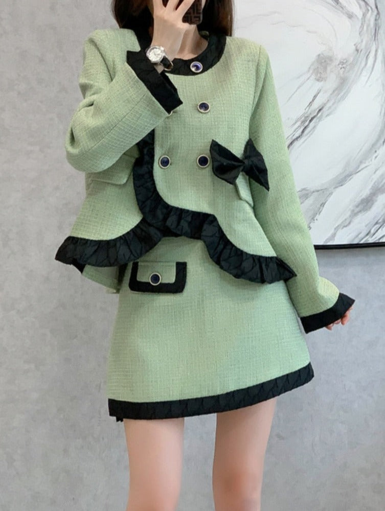 French Style Two Piece Suit Vintage Bow Ruffles Coat Simple Solid Skirt