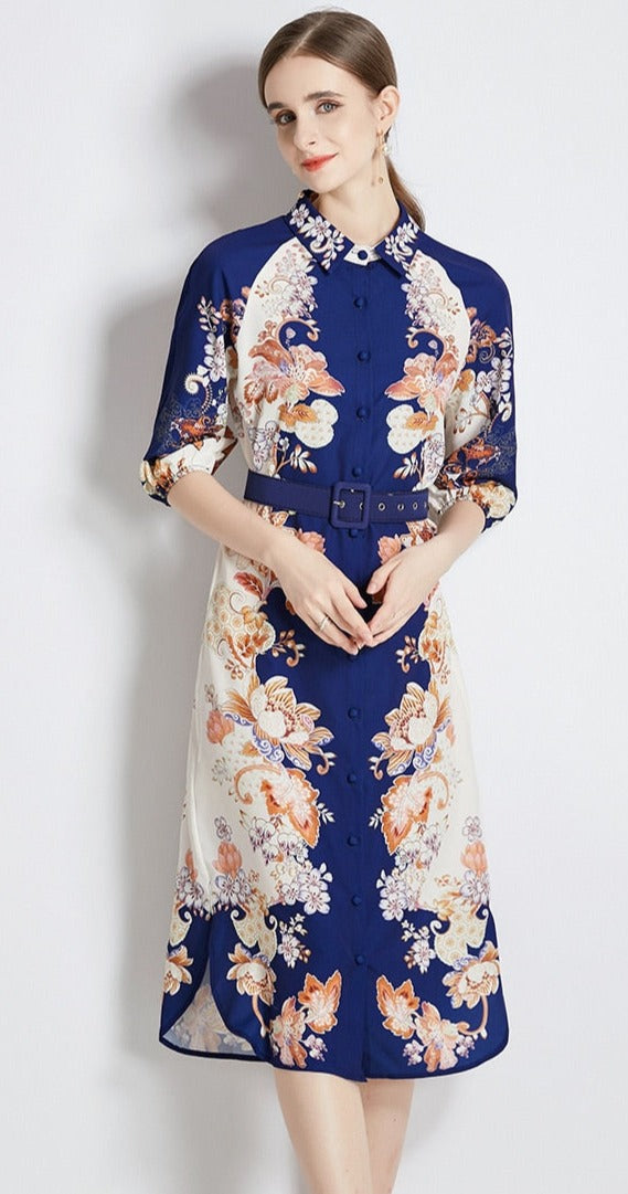 High Quality Belted Long Sleeve Flower Print Midi Dress