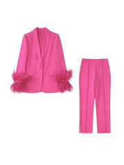 Two Piece Sets Straight Feather Jacket+High Waist Side Zipper Ankle Length Pants