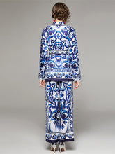 High Quality Blue Porcelain Print Long Sleeve Blouse + Pant 2 Piece Set