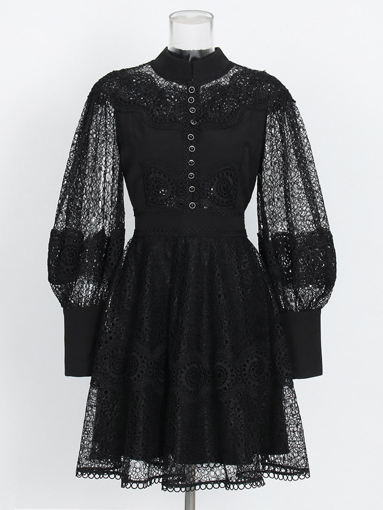 High Quality High Quality Stand Collar Long Sleeve High Waist Cut Out Vintage Dress White / S High Quality High Quality Stand Collar Long Sleeve High Waist Cut Out Vintage Dress White / S