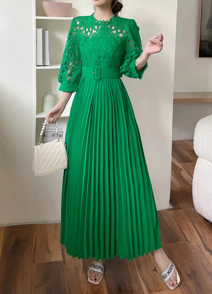 High quality vintage belted round neck half sleeve hollow out lace dress