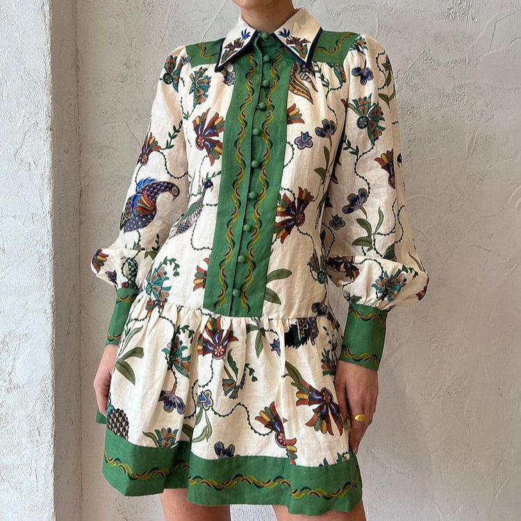 High Quality Single Breasted Long Flare Sleeve Loose Flower Print Pleated Mini Dress