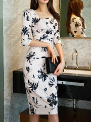 High Quality Floral Print Knee-Length Sleeve Dress