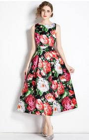 High Quality Midi Floral Print Sleeveless Round Neck Dress