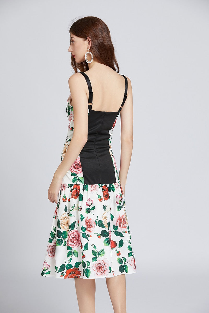 Sleeveless Floral Print Backless V Neck Knee Length Dress