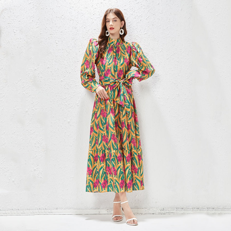 Printed Maxi Dress High Neck Long Lantern Sleeve High Quality Belt