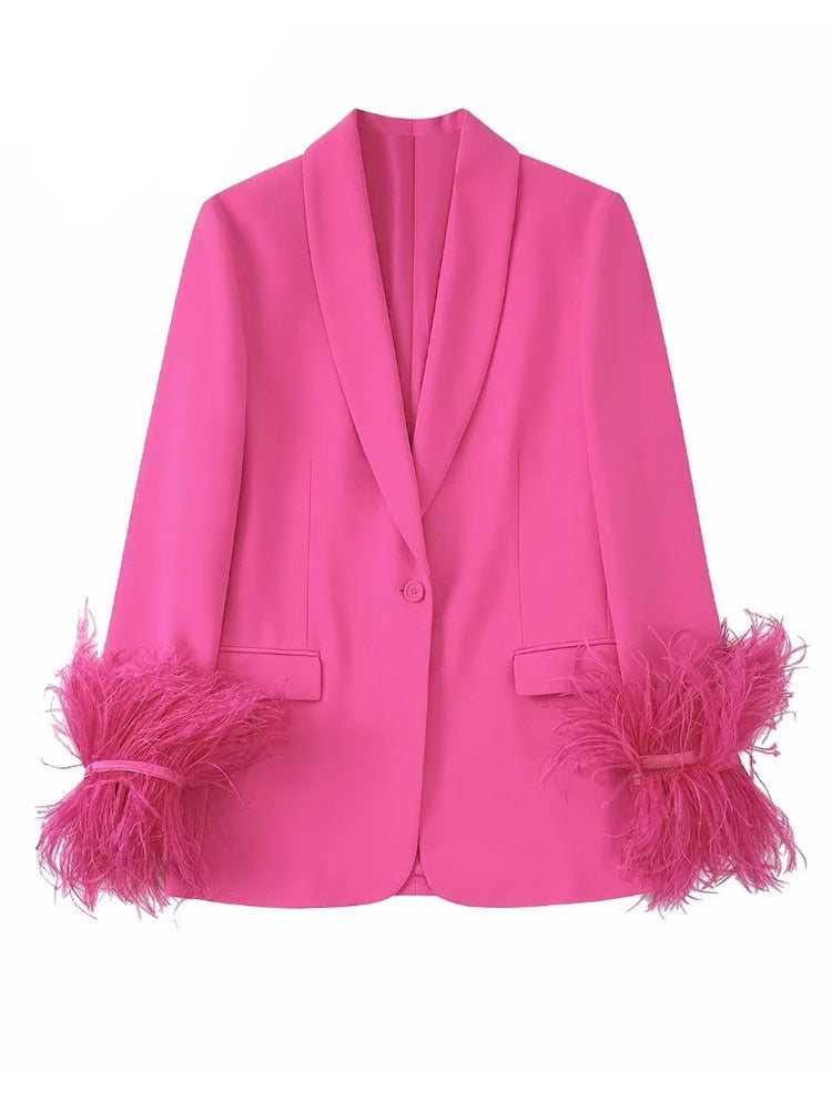 Pink Feather Blazer Woman Straight Button Jacket Women Fashion Streetwear Blazer Women Long Sleeve Blazers for Women Coats