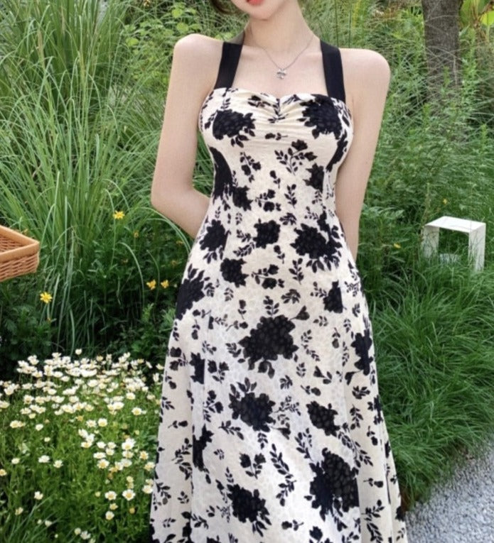 Vintage High Quality Strappy Elegant Print Midi Dress