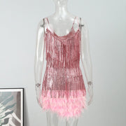 Off Shoulder Dresses V-Neck Feather Stitching Sequined Fringed