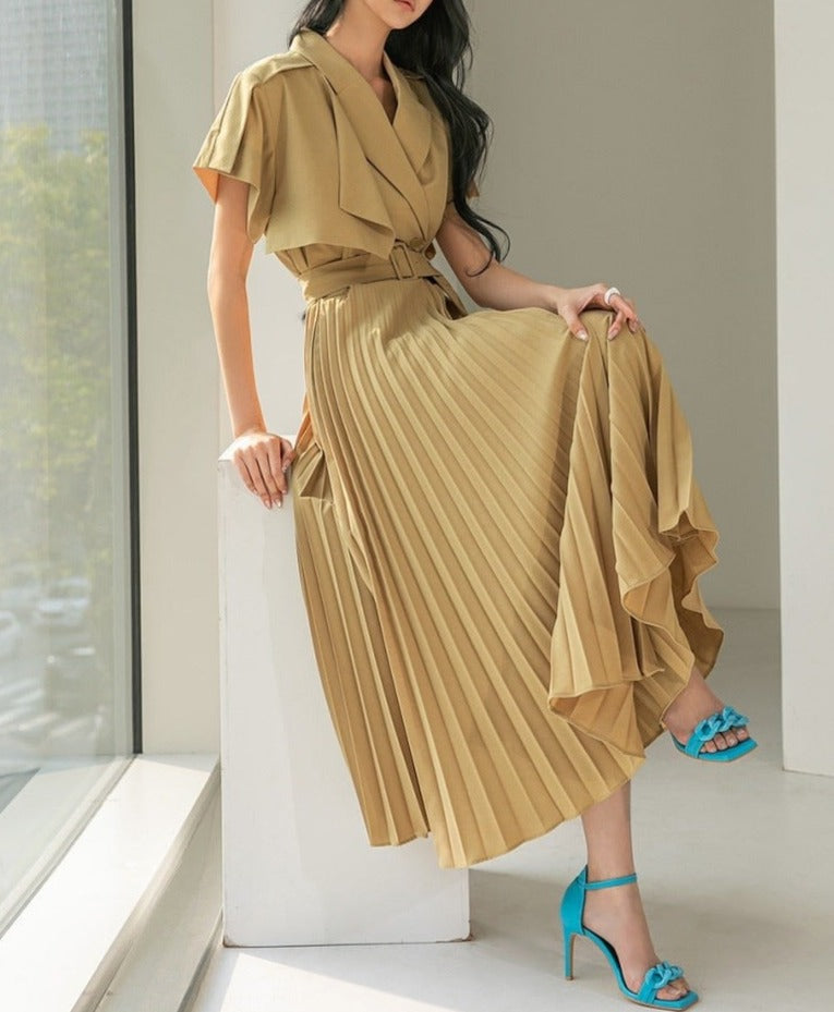 High Quality Slim Waist Belted Short Sleeve Pleated Notched Neck Elegant Dress