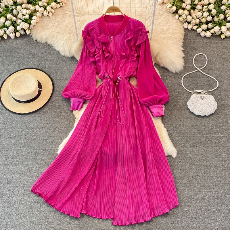 High Quality Long Sleeve Stand Collar Ruffle Drawstring Pleated Dress