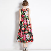 High Quality Midi Floral Print Sleeveless Round Neck Dress