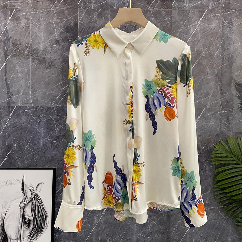 High quality vintage designer print long sleeve silk shirt