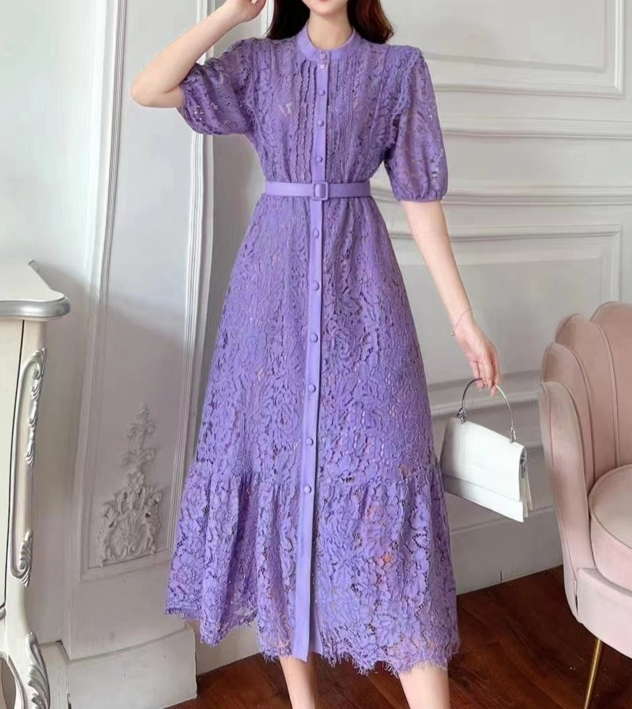 High quality multi color sleeves lace midi elegant vintage dress