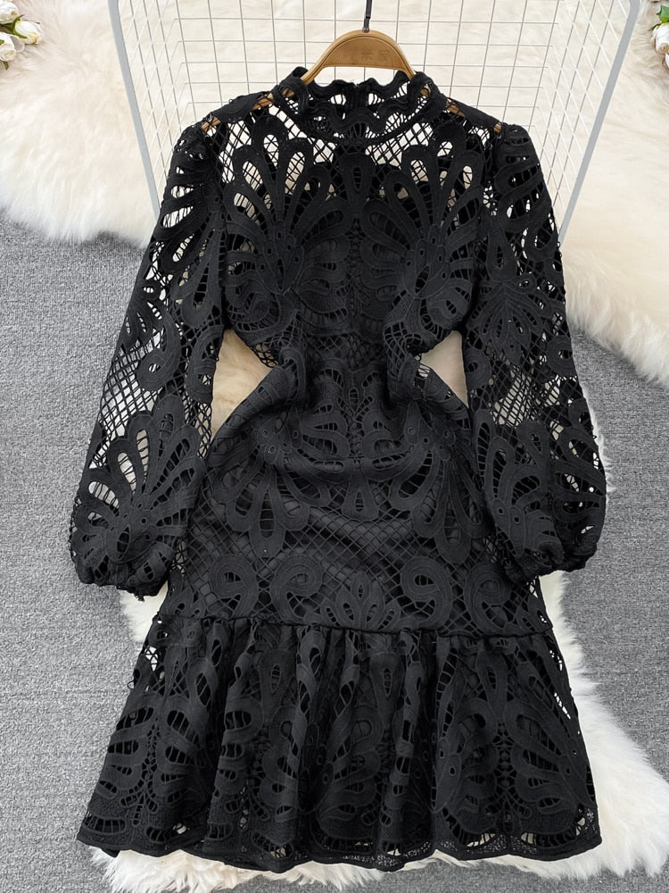 High Quality Vintage High Waist Puff Sleeve Stand Collar Mermaid Lace Short Floral Embroidery Lace Dress