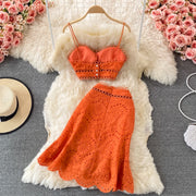 Embroidery Two Piece Set Sexy Backless Tube Top + High Waist Irregular Bodycon Skirt High Quality