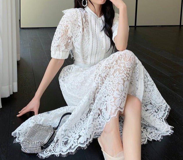 High quality multi color sleeves lace midi elegant vintage dress Red / L High quality multi color sleeves lace midi elegant vintage dress Red / L