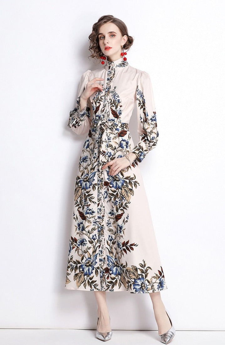 High Quality High Neck Long Sleeve Print Elegant Dress