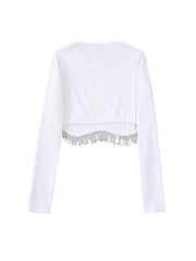 Black and white knit t-shirt with long sleeves tassel design