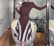 High Quality Striped Long Sleeves Pleated A Line Sweater Dress