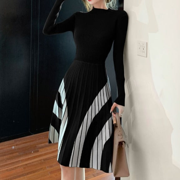 High Quality Striped Long Sleeves Pleated A Line Sweater Dress