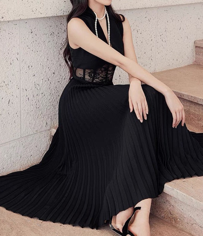 Pleated Lace Splicing Elegant Long Dress