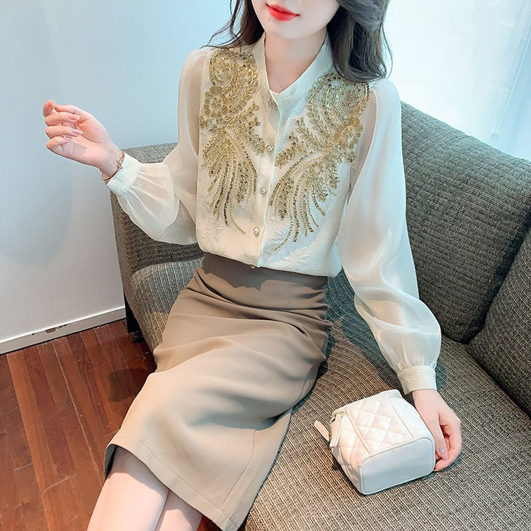 Vintage blouses embroidered with sequins long sleeves elegant