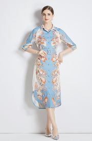 High Quality Belted Long Sleeve Flower Print Midi Dress