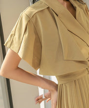High Quality Slim Waist Belted Short Sleeve Pleated Notched Neck Elegant Dress