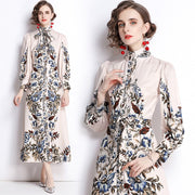 High Quality High Neck Long Sleeve Print Elegant Dress