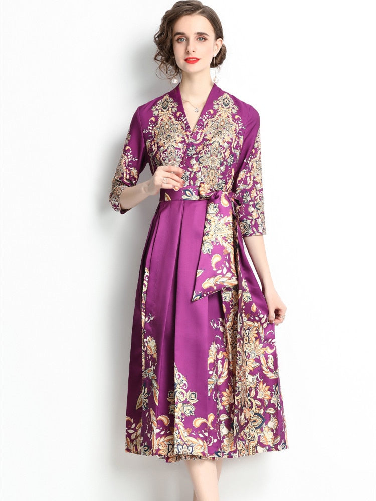 High Quality Three Quarter Sleeve V Neck Long Sleeve Flower Print Satin Dress