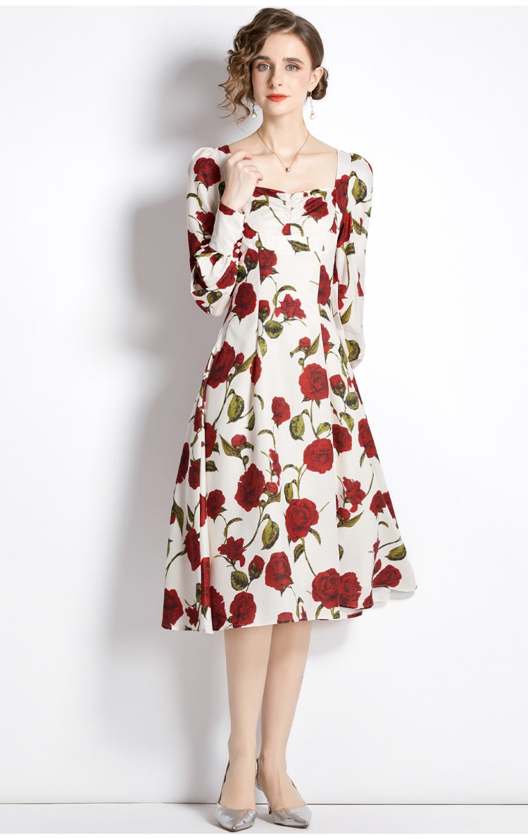 Women Autumn Elegant Floral Dress Festa High Quality Cocktail Party Robe Femme Vintage Square Collar Designer Vestidos