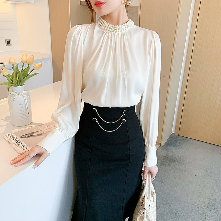 High Quality Elegant Vintage Loose Beaded Long Sleeve Chiffon Blouse