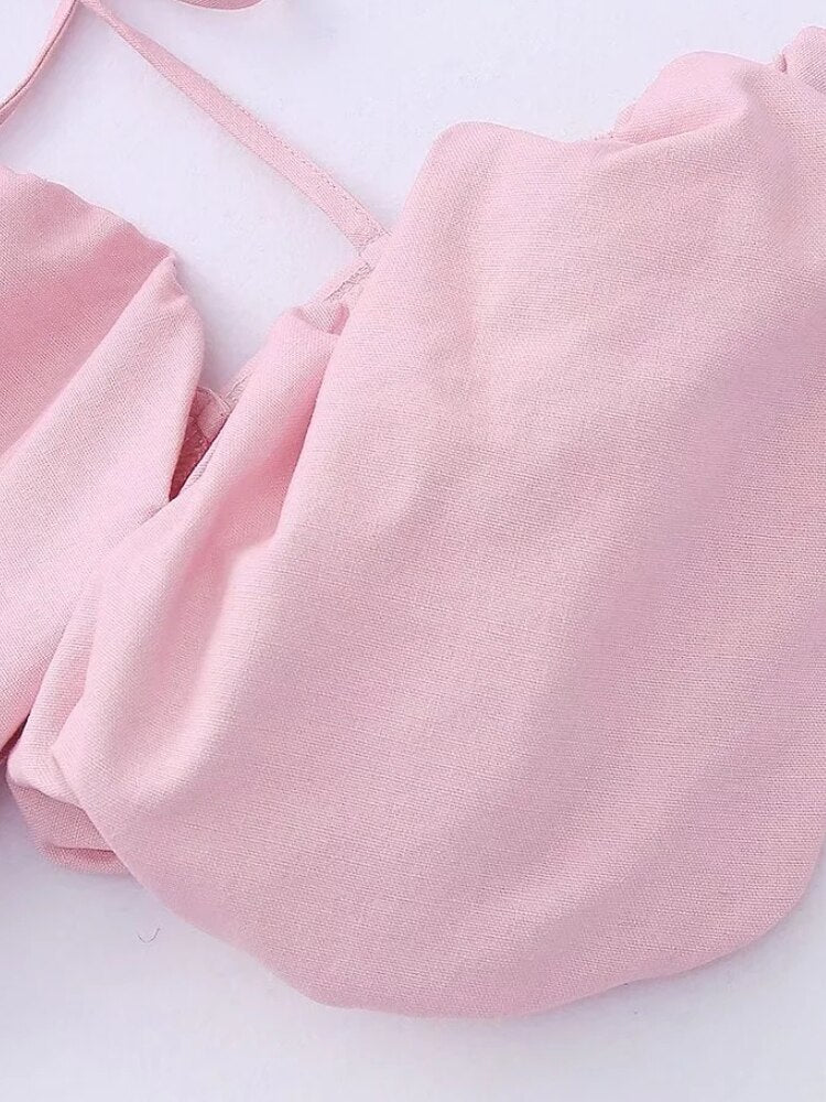 Pink Linen Backless Puff Sleeves Mini Dress