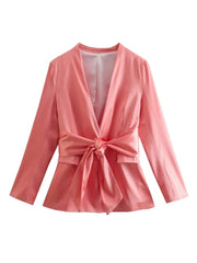 Pink Satin V Neck Bow Lace Up Long Sleeves Robe