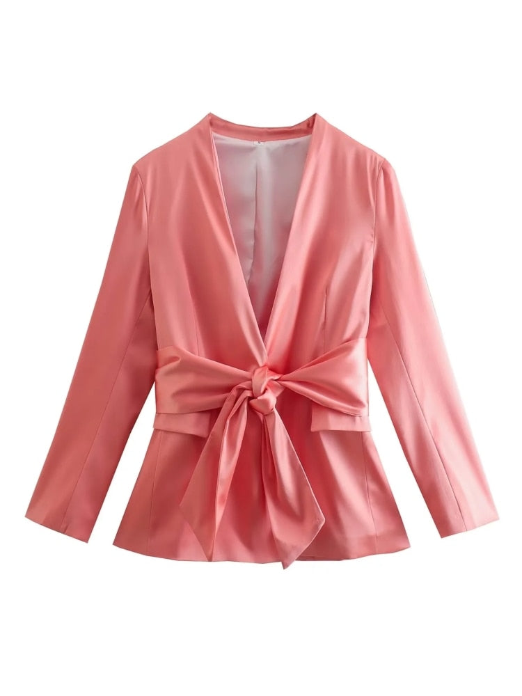 Pink Satin V Neck Bow Lace Up Long Sleeves Robe