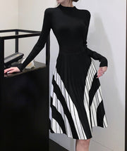 High Quality Striped Long Sleeves Pleated A Line Sweater Dress