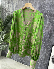 High Quality Long Sleeve V Neck Jacquard Silk Shirt