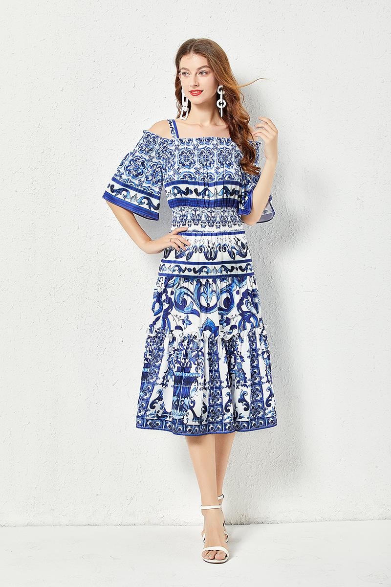 High quality midi flare sleeve cold shoulder blue and white porcelain print dress