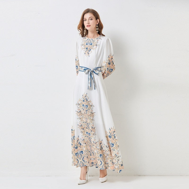 High Quality Floral Print Long Sleeve Elegant High Waist Maxi Dress