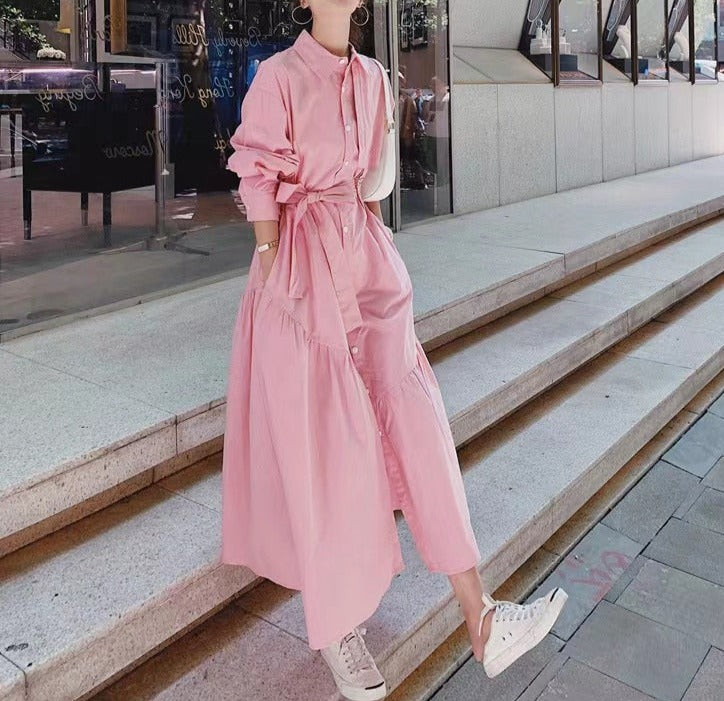 Pink dress with collar long sleeves with pocket on the sides and high quality bow