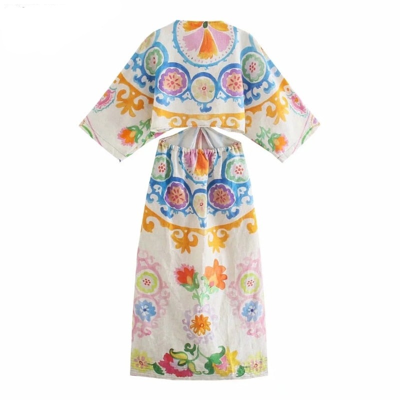 Sexy V-Neckline Floral Print Elegant Floral Print High Waist Knotted Hollow Out Side Slit Linen Kimono Midi Dress