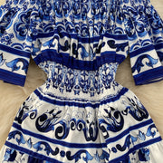 High quality midi flare sleeve cold shoulder blue and white porcelain print dress