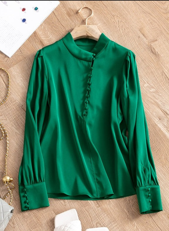 High Quality Stand Collar Long Sleeve Heavy Silk Shirt