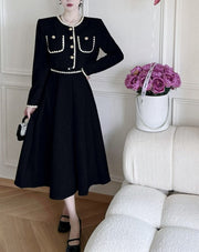 European Long Sleeves Two Piece Elegant Vintage Tweed Dress