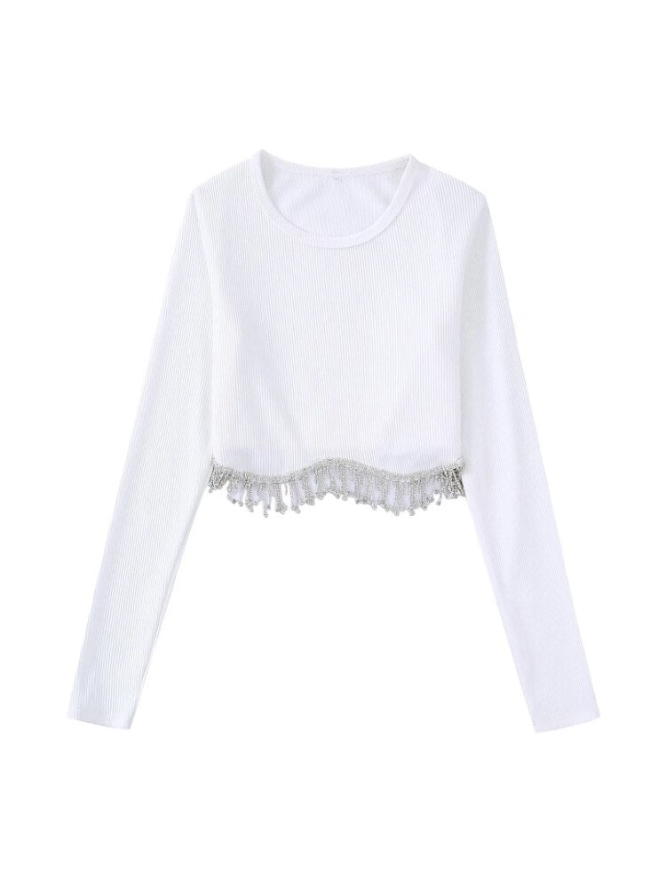 Black and white knit t-shirt with long sleeves tassel design