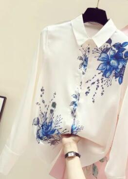 High quality pink and white print long sleeve silk shirt