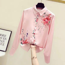 High quality pink and white print long sleeve silk shirt