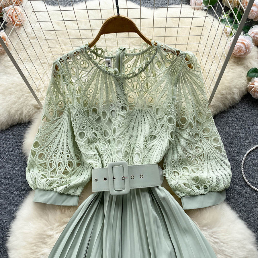 High-quality multi-color belted pleated lace dress with long sleeves